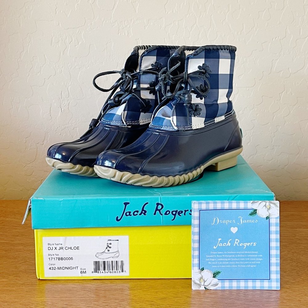 Jack Rogers Draper James Chloe Midnight Blue White Gingham Check Boots 6 Rare!